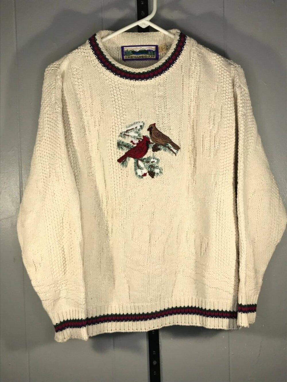 Vtg 90s Shenandoah Winter Birds Cardinal Knit Sweater womens sz LG USA Cotton